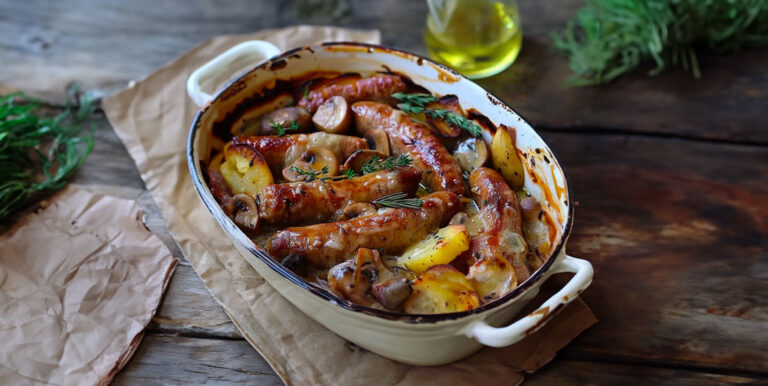 Saucisses, champignons et pommes de terre au four – Cuisine